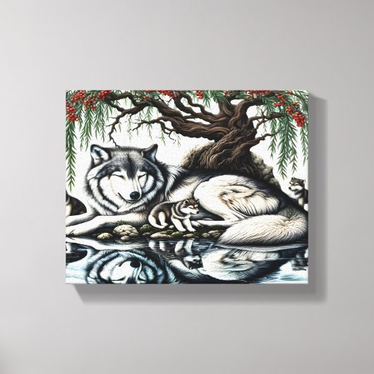 穏やかなウルフファミリーオアシスインアイドル自然10x8 キャンバスプリント (正面)