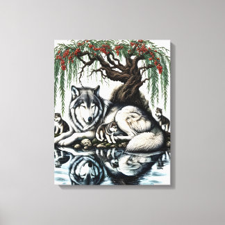 穏やかなウルフファミリーオアシスインアイドル自然16x20 キャンバスプリント