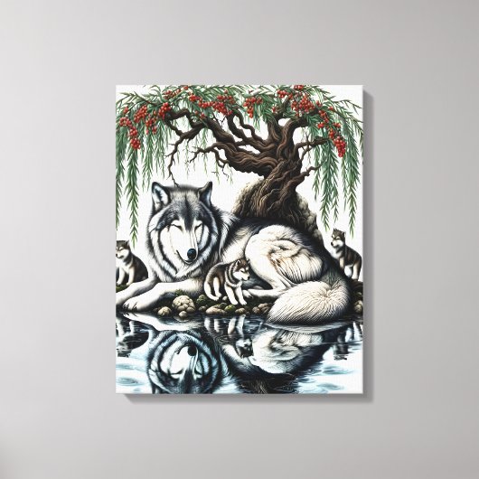穏やかなウルフファミリーオアシスインアイドル自然16x20 キャンバスプリント (正面)