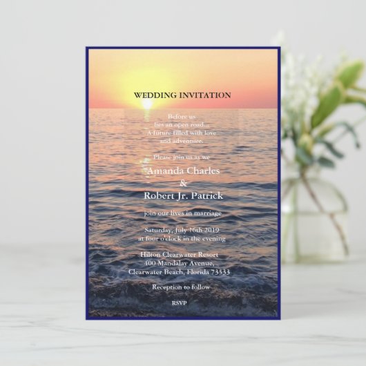 穏やかなエレガントなビーチサンセットウェディング招待状 招待状 (スタンド正面)