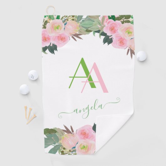 穏やかなエレガントピンクの花モノグラカスタムム ゴルフタオル (インサイチュ)