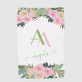 穏やかなエレガントピンクの花モノグラカスタムム ゴルフタオル (正面)