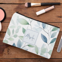 穏やかなオアシスウォーター葉カラーモノグラム&名前 アクセサリーポーチ