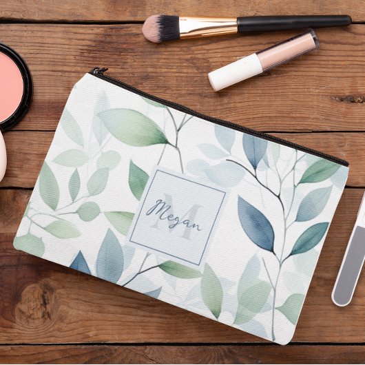 穏やかなオアシスウォーター葉カラーモノグラム&名前 アクセサリーポーチ