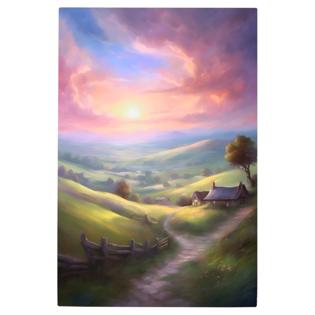 穏やかなカントリーサイドサンライズ平和景観 メタルプリント (正面)
