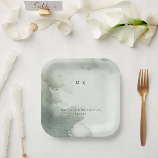 穏やかなグリーン水彩 ペーパープレート (ウェディング)