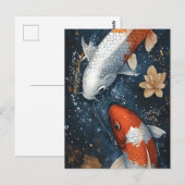 穏やかなコイ魚と蓮の花 ポストカード (正面/裏面)