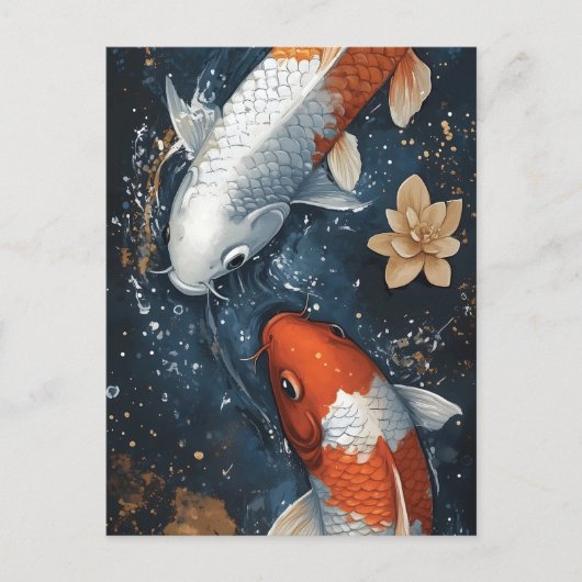 穏やかなコイ魚と蓮の花 ポストカード (正面)
