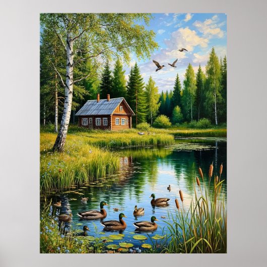 穏やかなコテージバイアヒルの森の池 ポスター (正面)
