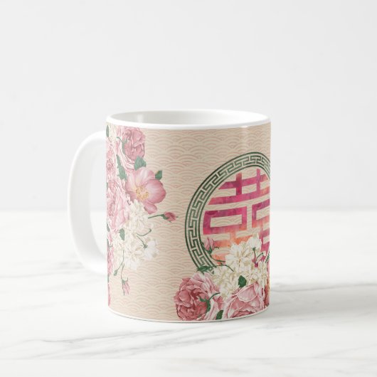 穏やかなシャクヤクパターンの二重幸福の記号 コーヒーマグカップ (正面左)