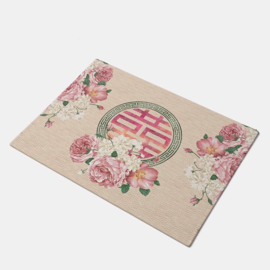 穏やかなシャクヤクパターンの二重幸福の記号 ドアマット (アングル)