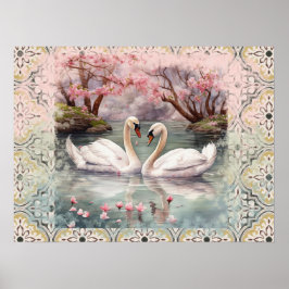 穏やかなシーンスワンスオンレイク – ティール（緑がかった色）赤面 ポスター