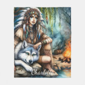 穏やかなシーン:先住民とオオカミの水 フリースブランケット (正面)