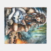 穏やかなシーン:先住民とオオカミの水 フリースブランケット (正面(横))