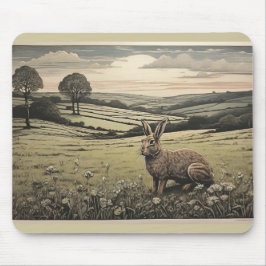 穏やかなセージ緑のプリントの田舎とウサギ マウスパッド