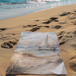 穏やかなセーリング水彩沿岸 ビーチタオル