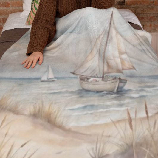 穏やかなセーリング水彩沿岸 フリースブランケット