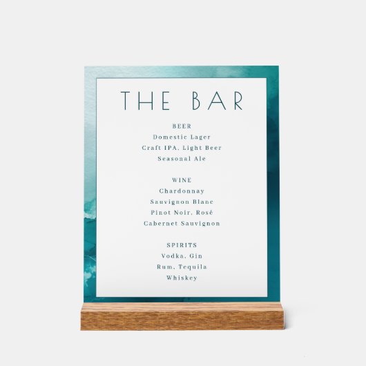 穏やかなターコイズブルーの水彩バー メニュー アクリルサイン (正面)
