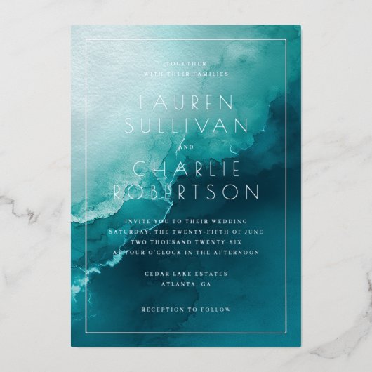 穏やかなターコイズブルーの水彩波 箔招待状 (正面)