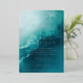 穏やかなターコイズブルーの水彩波 箔招待状 (立ち正面)