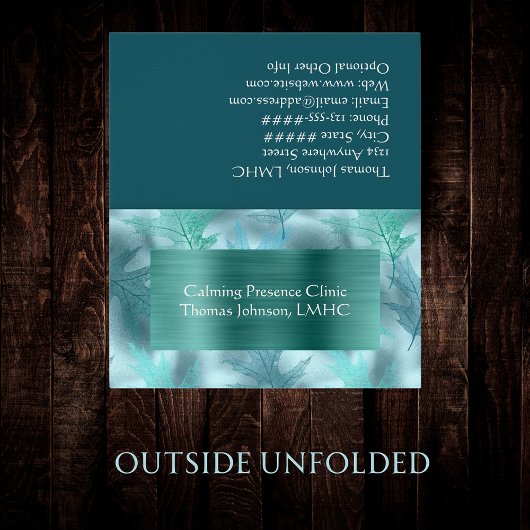 穏やかなティール（緑がかった色）葉の多い心理療法士の折り畳み 名刺