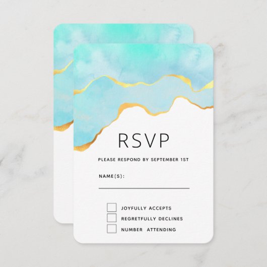 穏やかなトロピカルグリーンと縁ど金ゴールド結婚の 出欠カード (正面/裏面)