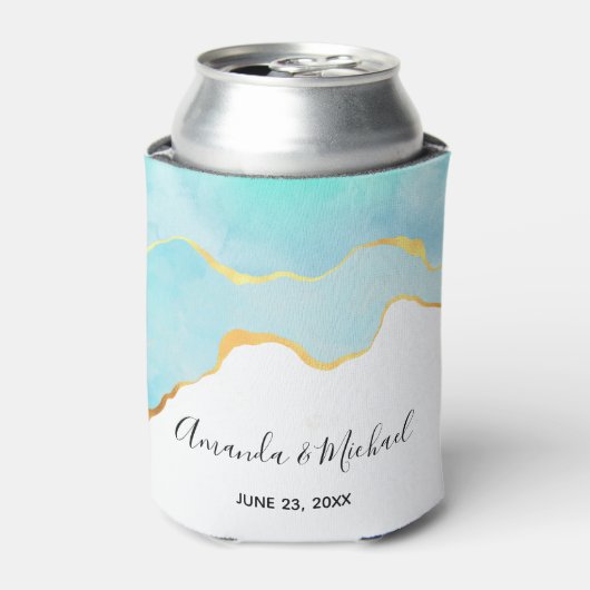 穏やかなトロピカルグリーンと縁ど金ゴールド結婚の 缶クーラー (缶正面)