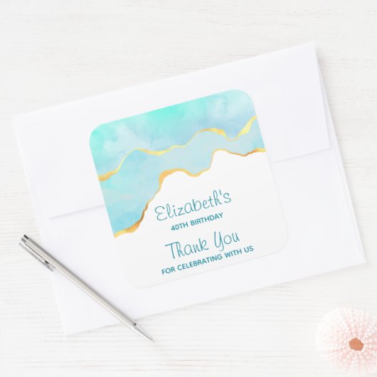 穏やかなトロピカルグリーンと金ゴールド縁ど誕生日 スクエアシール (封筒)