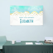 穏やかなトロピカルグリーンと金ゴールド縁ど誕生日 横断幕 (トレードショー)