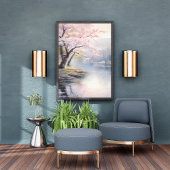 穏やかなピンクのさくらんぼが水辺で咲く フォトプリント           