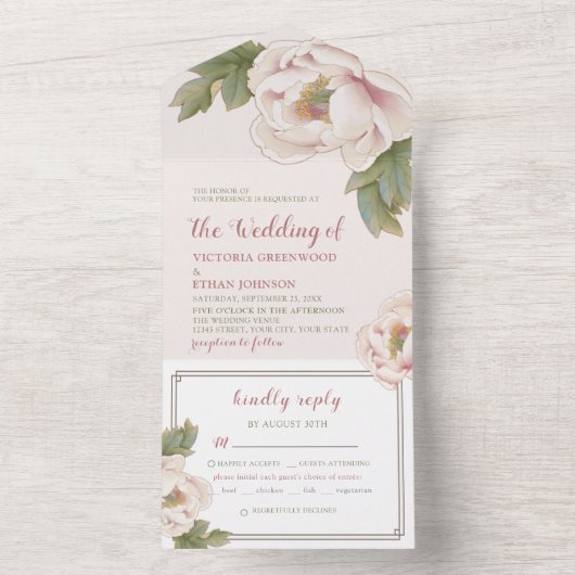 穏やかなピンクのエレガントChinoiserieフローラ牡丹すべて オールインワン招待状 (内側)