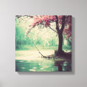 穏やかなピンクの花が穏やかな湖を キャンバスプリント (正面)