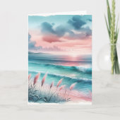 穏やかなブルーとピンクの海岸景色の記念日 カード (正面)
