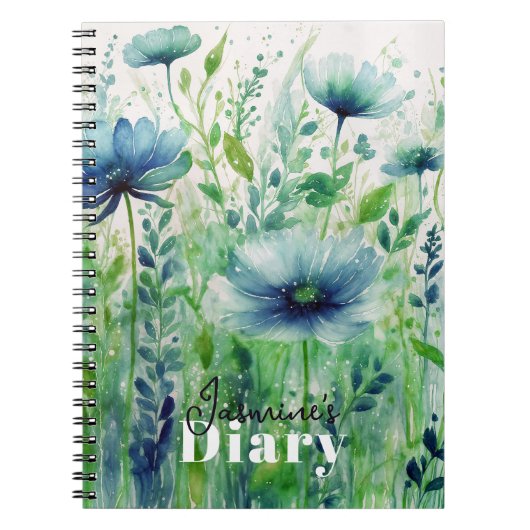 穏やかなブルーフローラ水彩日記エレガント付き ノートブック (正面)