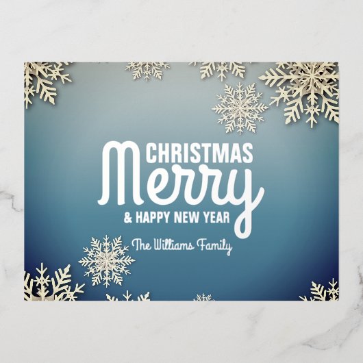 穏やかなブルーホワイトウィンターワンダーランドクリスマス 箔シーズンポストカード (正面)