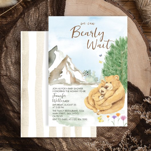 穏やかなベージュの水の色クマ家族の赤ちゃんシャワー 招待状