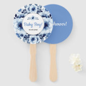 穏やかなライトブルーの花水色ベビーシャワー ハンドファン (正面&裏面)