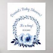 穏やかなライトブルーの花水色ベビーシャワー ポスター (正面)