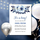 穏やかなライトブルーの花水色ベビーシャワー 招待状
