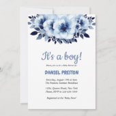 穏やかなライトブルーの花水色ベビーシャワー 招待状 (正面)