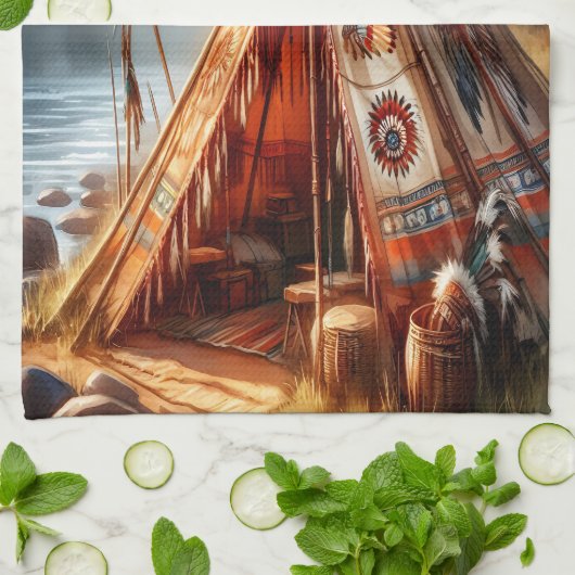 穏やかな先住民インディアンテペバイザ穏やかな川 キッチンタオル (折り畳み)