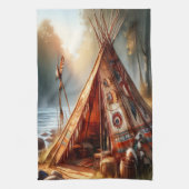 穏やかな先住民インディアンテペバイザ穏やかな川 キッチンタオル (縦)