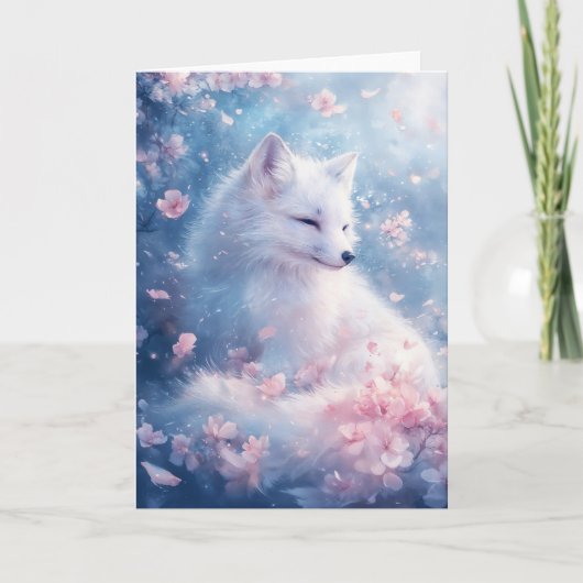 穏やかな冬のキツネが落ち込む花びら カード (正面)