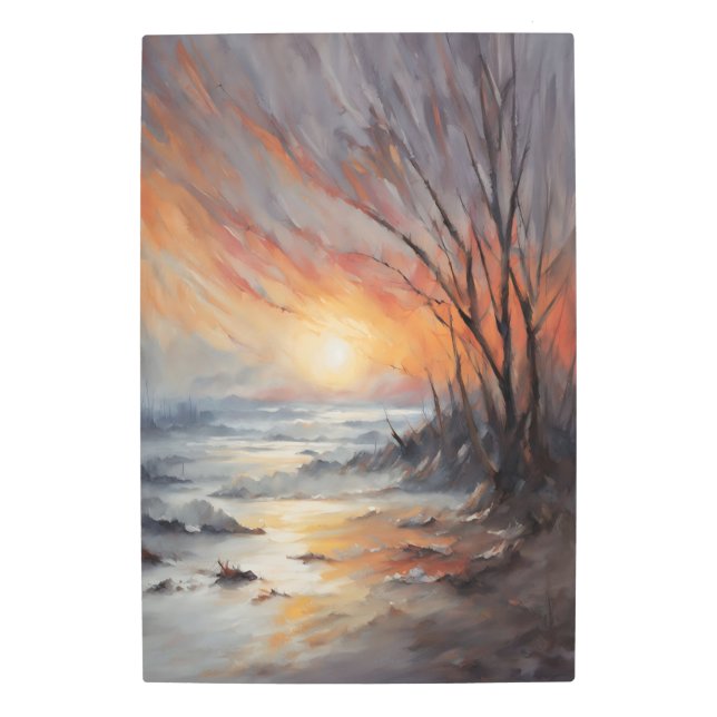 穏やかな冬の夕日 – 自然景観 メタルプリント (正面)