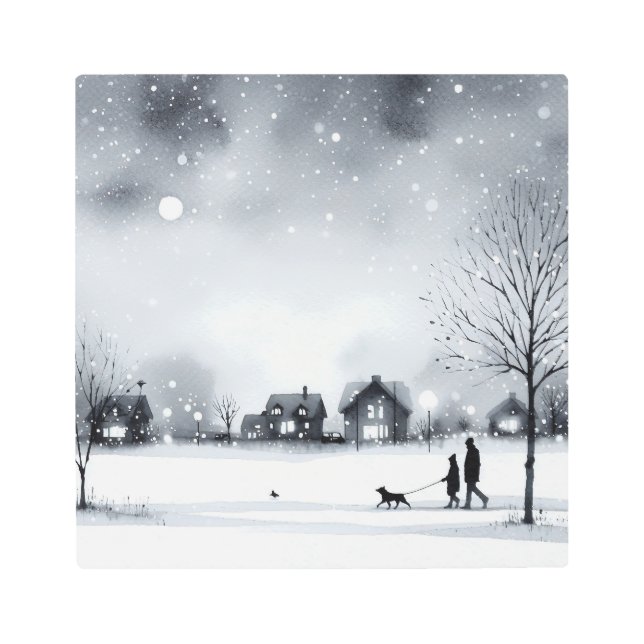 穏やかな冬の村：静かな雪のパスウォーターコ メタルプリント (正面)