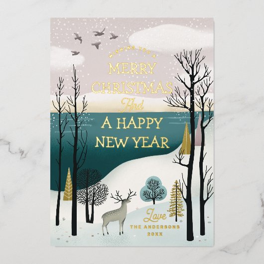 穏やかな冬の森と鹿 | 金ゴールド 箔シーズンカード (正面)