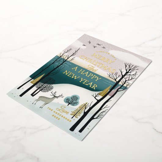 穏やかな冬の森と鹿 | 金ゴールド 箔シーズンカード (回転した状態)