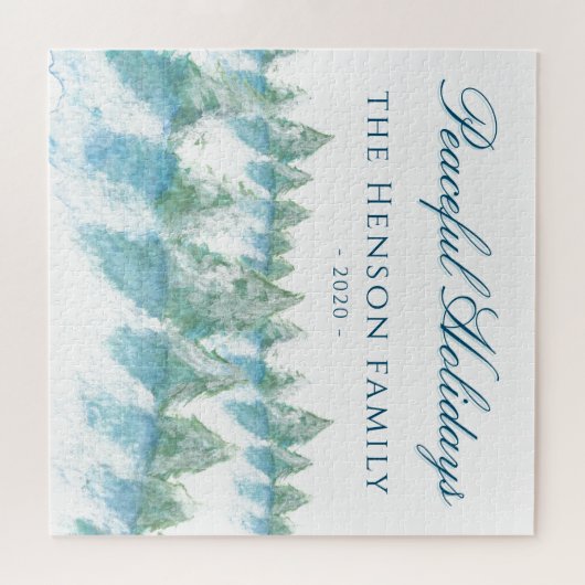 穏やかな冬の森の水の色の家族のクリスマス ジグソーパズル (横)