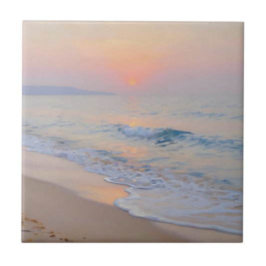 穏やかな夕日のビーチ 海の輝き タイル (正面)