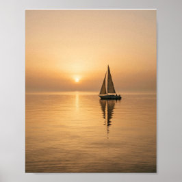 穏やかな夕焼けの海を滑るように進む帆船アート ポスター